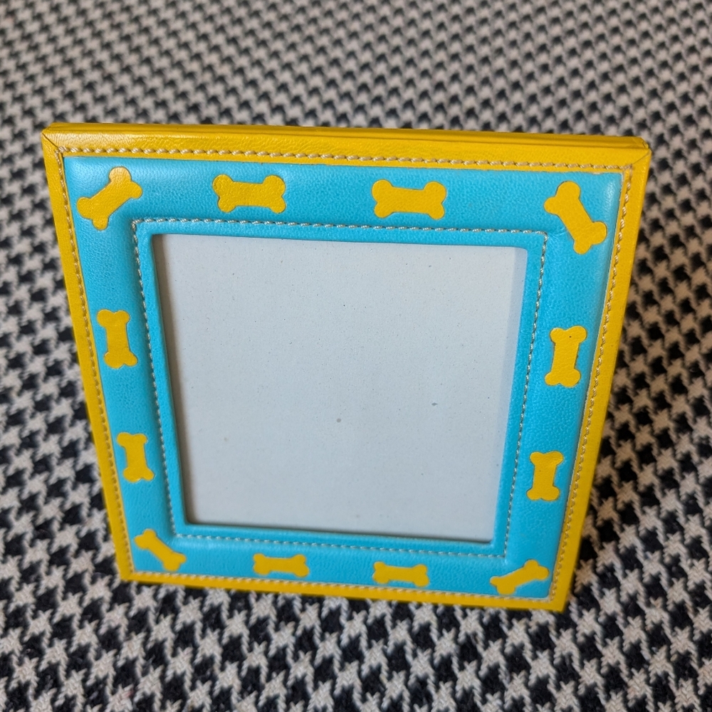 teal blue and yellow dog bone pet gift padded leather picture frame